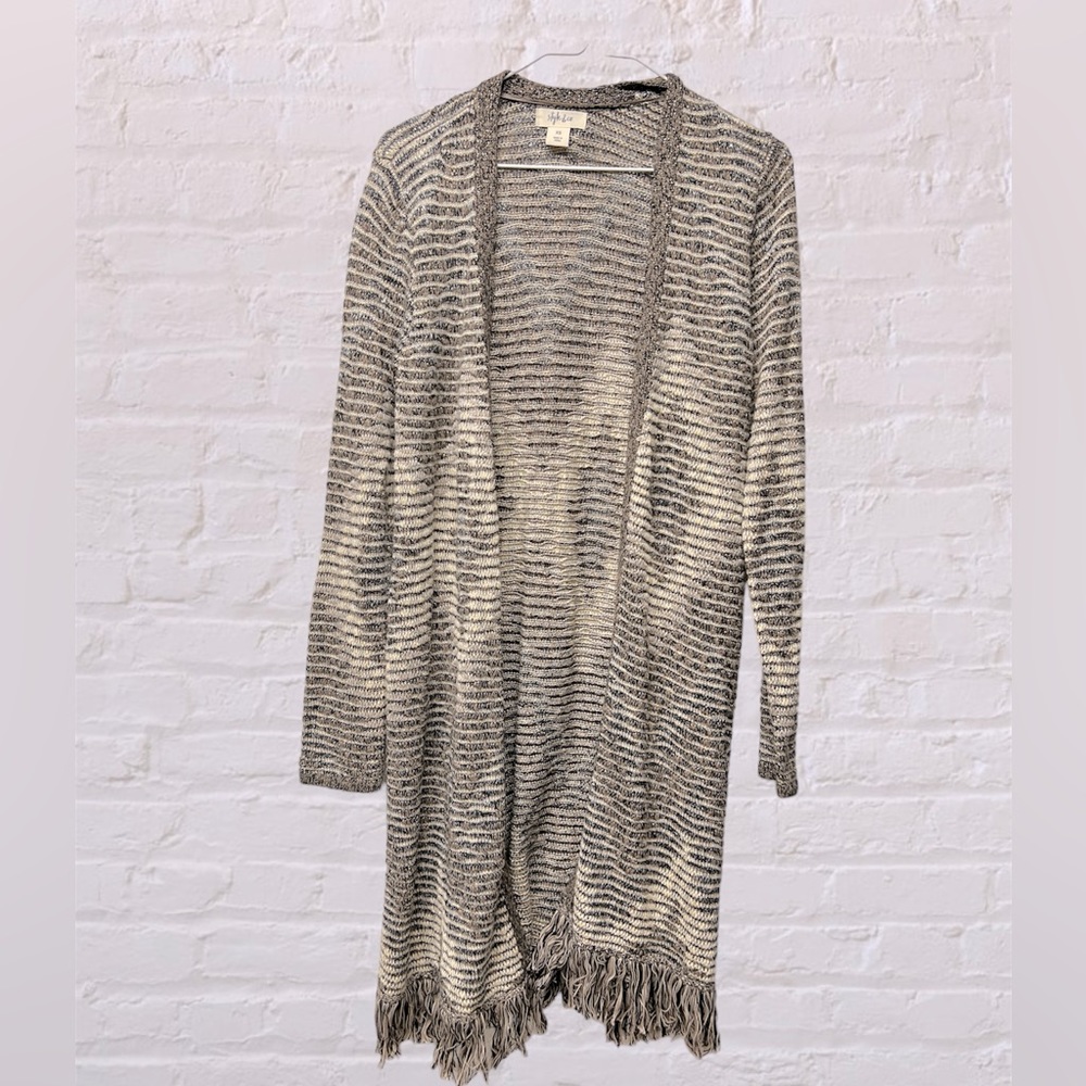 Style & Co Jacquard Fringe Aztec geo long knit open front  Cardigan XS neutral